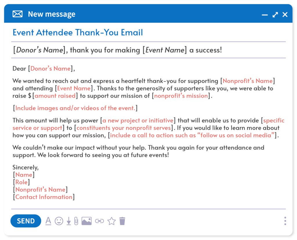 A donor thank-you email template for event attendees, included in the text below.
