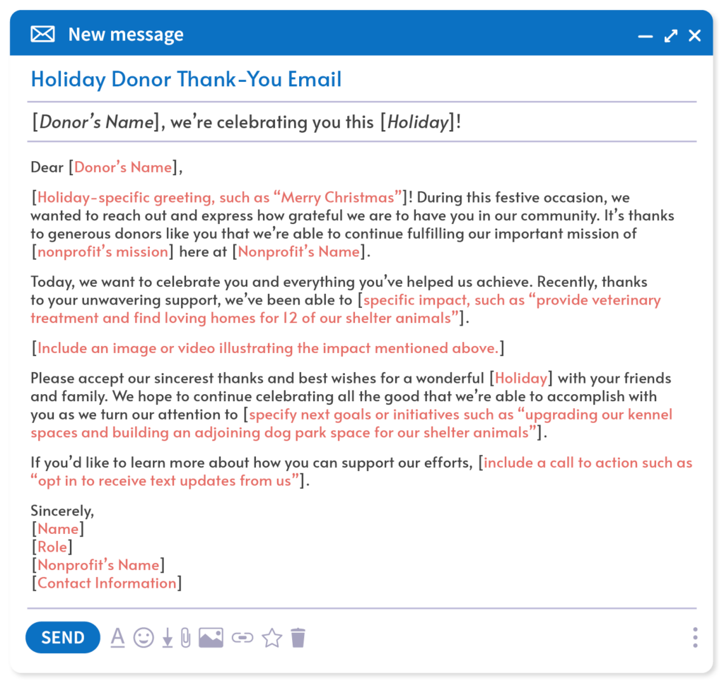 A holiday donor thank-you email template, included in the text below.