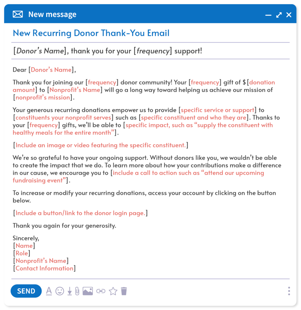 A donor thank-you email template for new recurring donors, included in the text below.