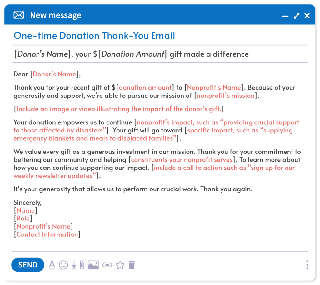 A one-time donation thank-you email template, included in the text below.