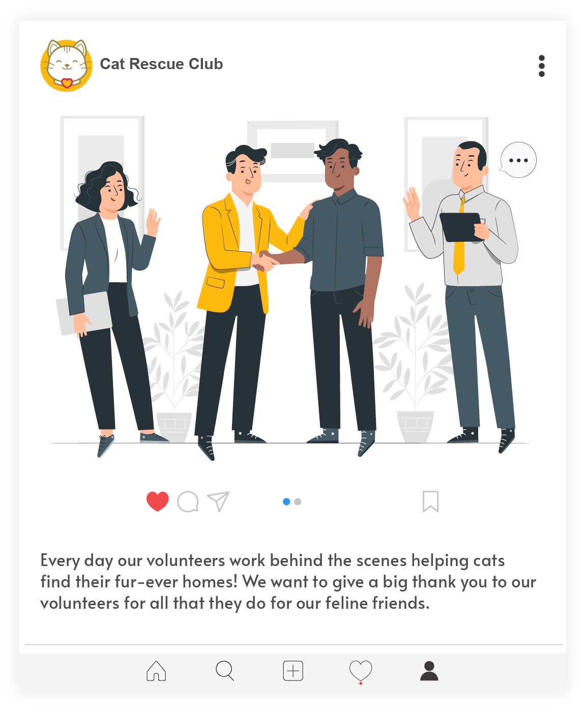 An example social media thanking volunteers for their work at hypothetical nonprofit, Cat Rescue Club. 