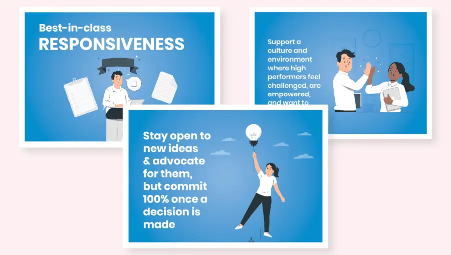 Three of Double the Donation's employee appreciation eCards that highlight company values, like best-in-class responsiveness