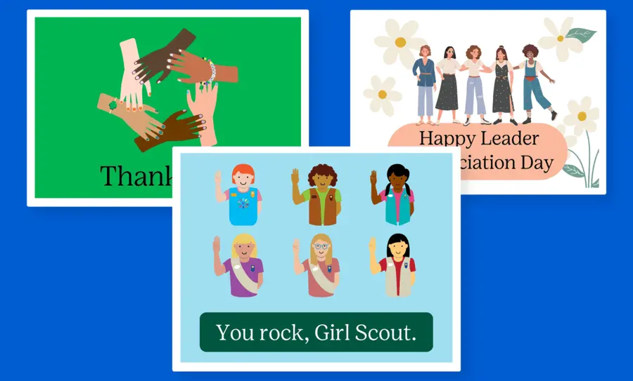 Volunteer appreciation eCards from the Girl Scouts of Maine that feature cartoon designs