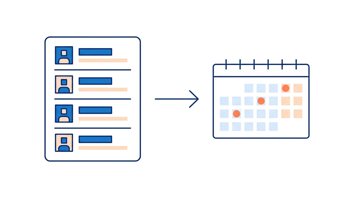 A team directory feeding a calendar of scheduled sends