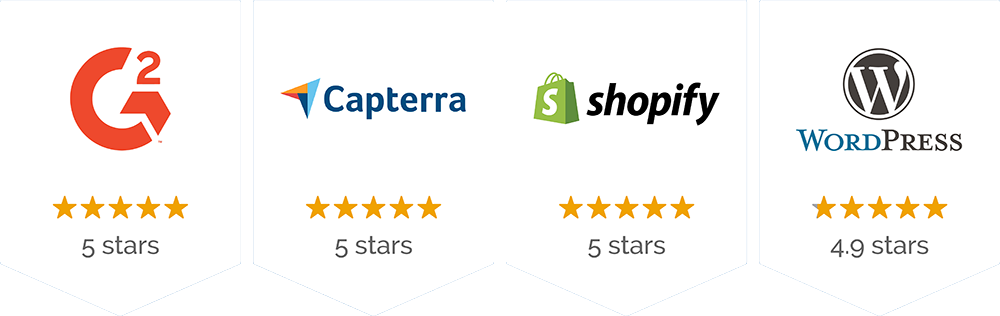 eCardWidget ratings: 5 stars on G2, 5 stars on Capterra, 5 stars on Shopify, 4.9 stars on WordPress