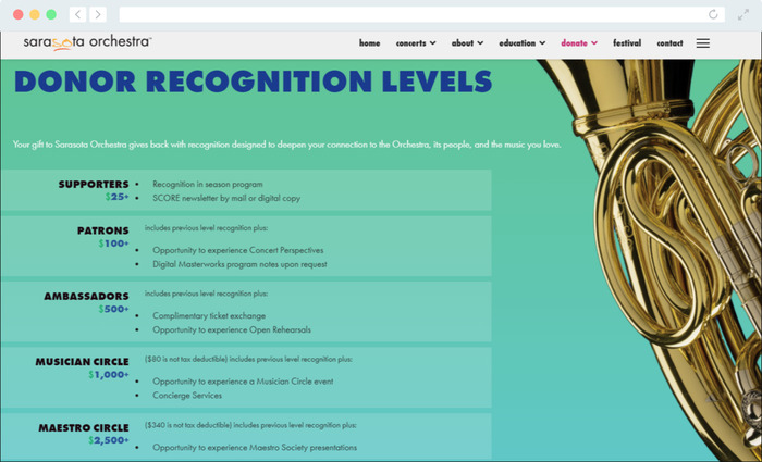 This screenshot shows the Sarasota Orchestra’s donor recognition levels.