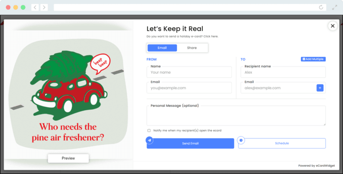 This screenshot shows an example eCard one organization used as a customer appreciation gift for the holidays.