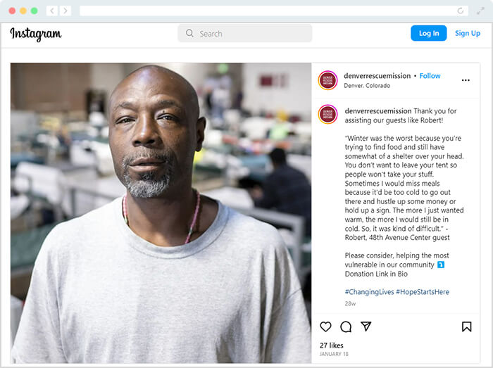This is a screenshot of an Instagram post where Denver Rescue Mission publicly thanked its donors.