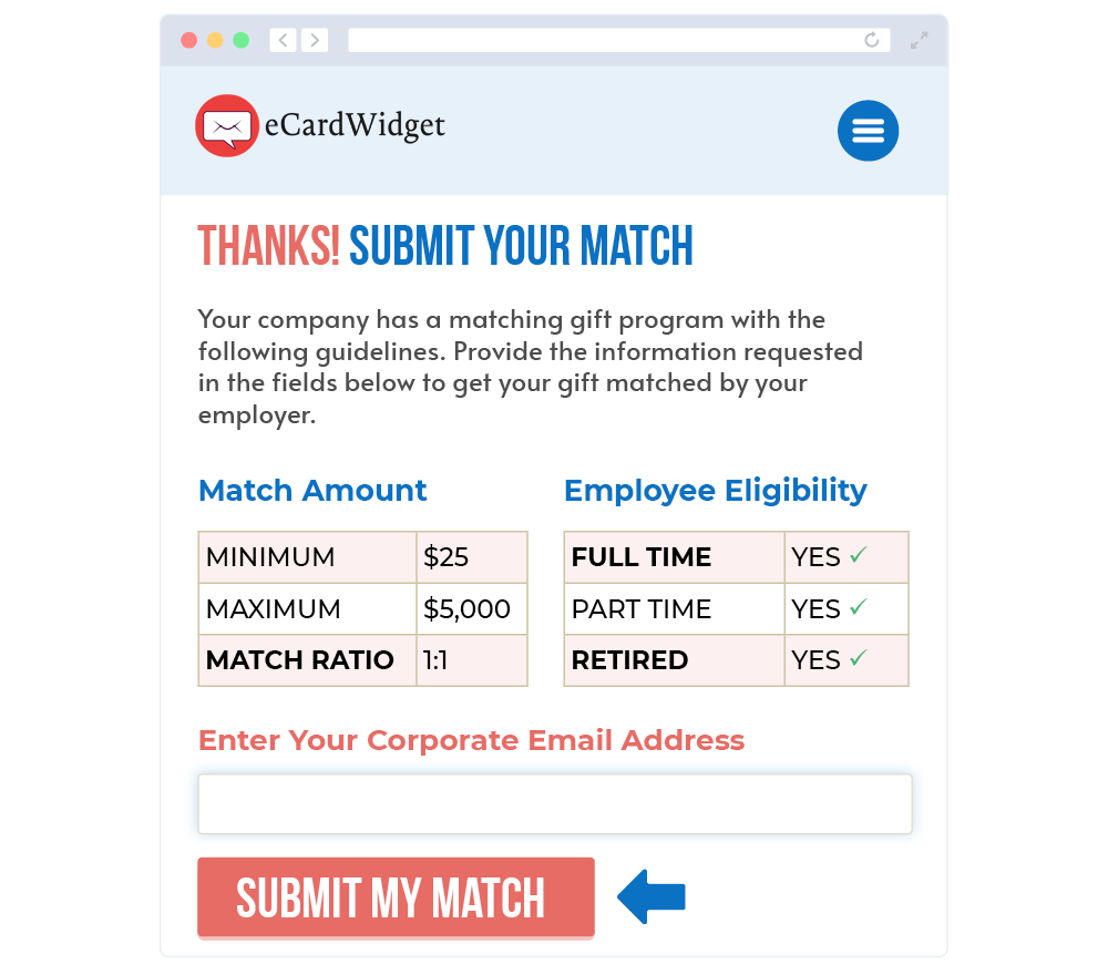 The image displays an example matching gift form with various requirements for minimum and maximum donation amounts.